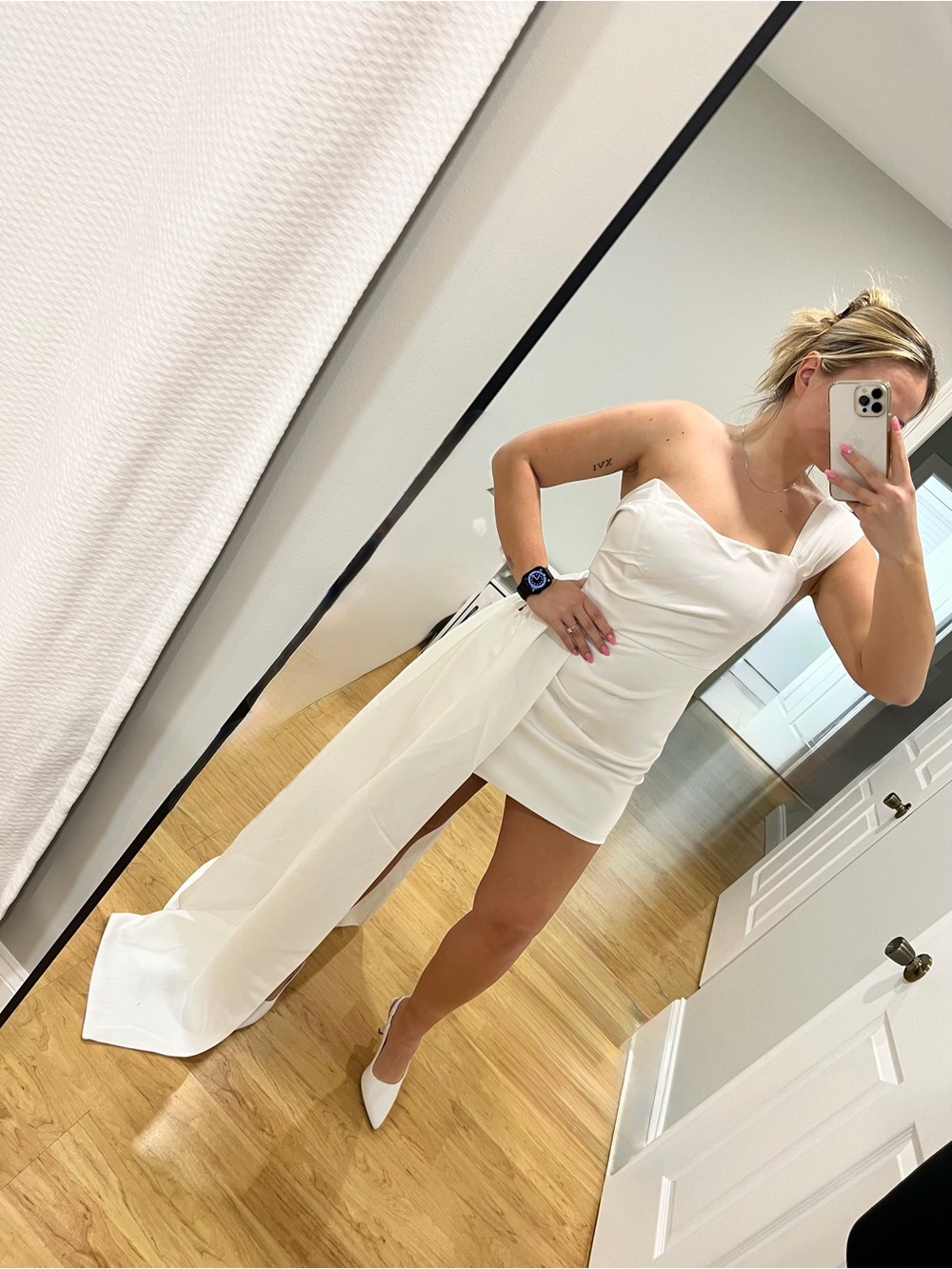 Fashion Nova White One-Shoulder Mini Dress with Draped Train Accent